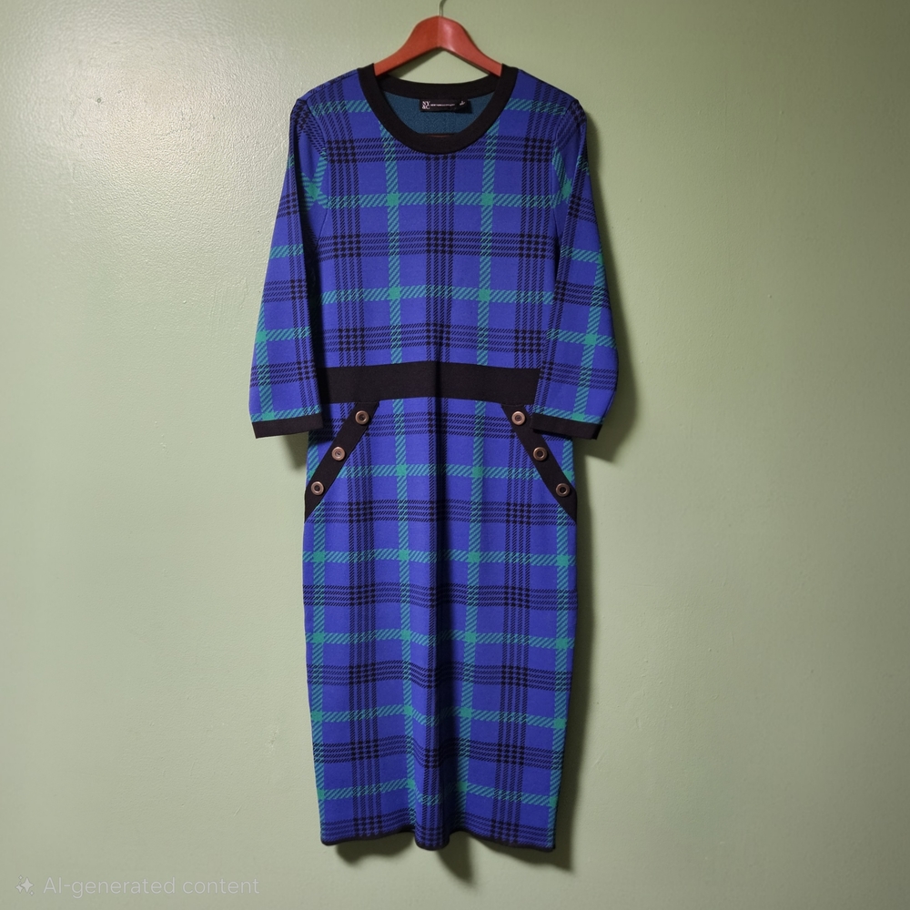 New York & Company‎ Blue & Green Plaid Long Sleeve Sweater Dress
